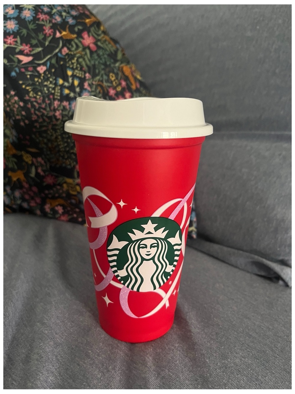 Red Starbucks cup with white swirls and stars 50th anniversary, lightweight